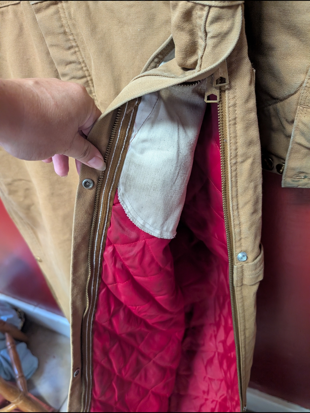 Carhartt Tan Duck Coverall with Black Corduroy Collar and Red Lining - Picture 2 of 6